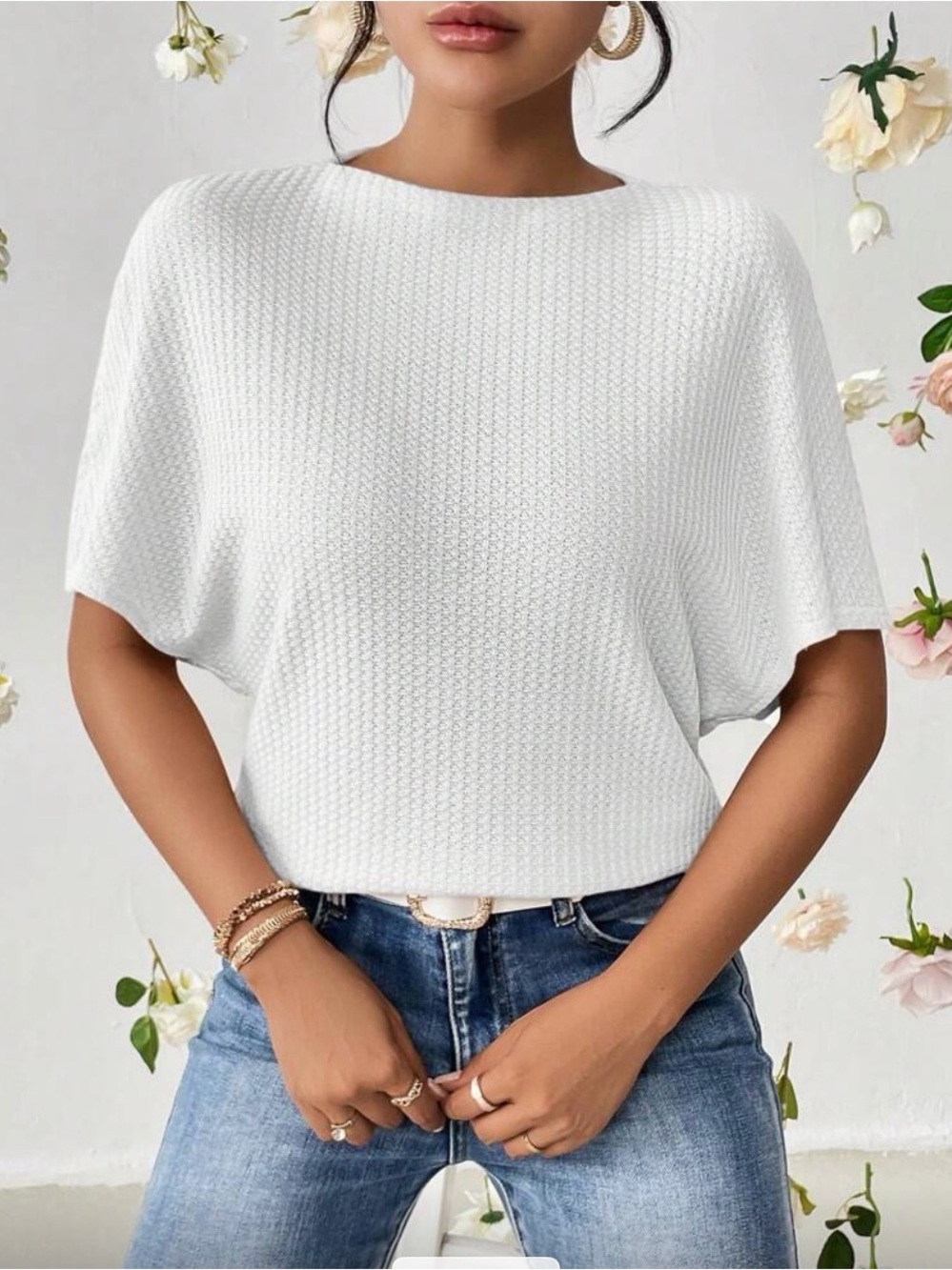 SHEIN White Textured Knit Short Sleeve Tee